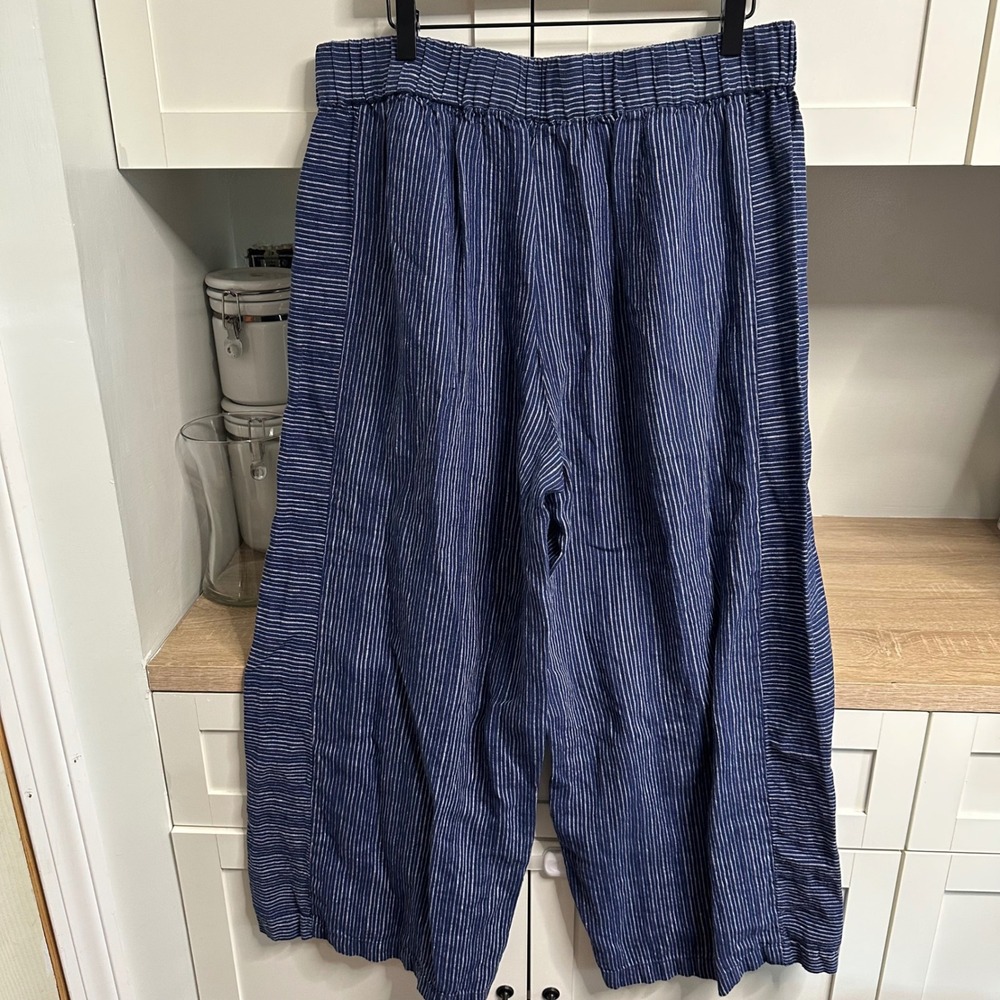 LIV by Habitat Clothes Pants Womens Large Blue Striped 100% Linen Wide Leg Crop - Picture 2 of 13